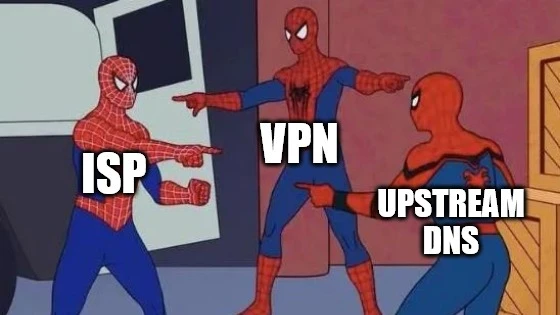 Three identical cartoon Spider-Man characters pointing at each other, used as a meme to illustrate the pain of who to trust with your DNS queries.