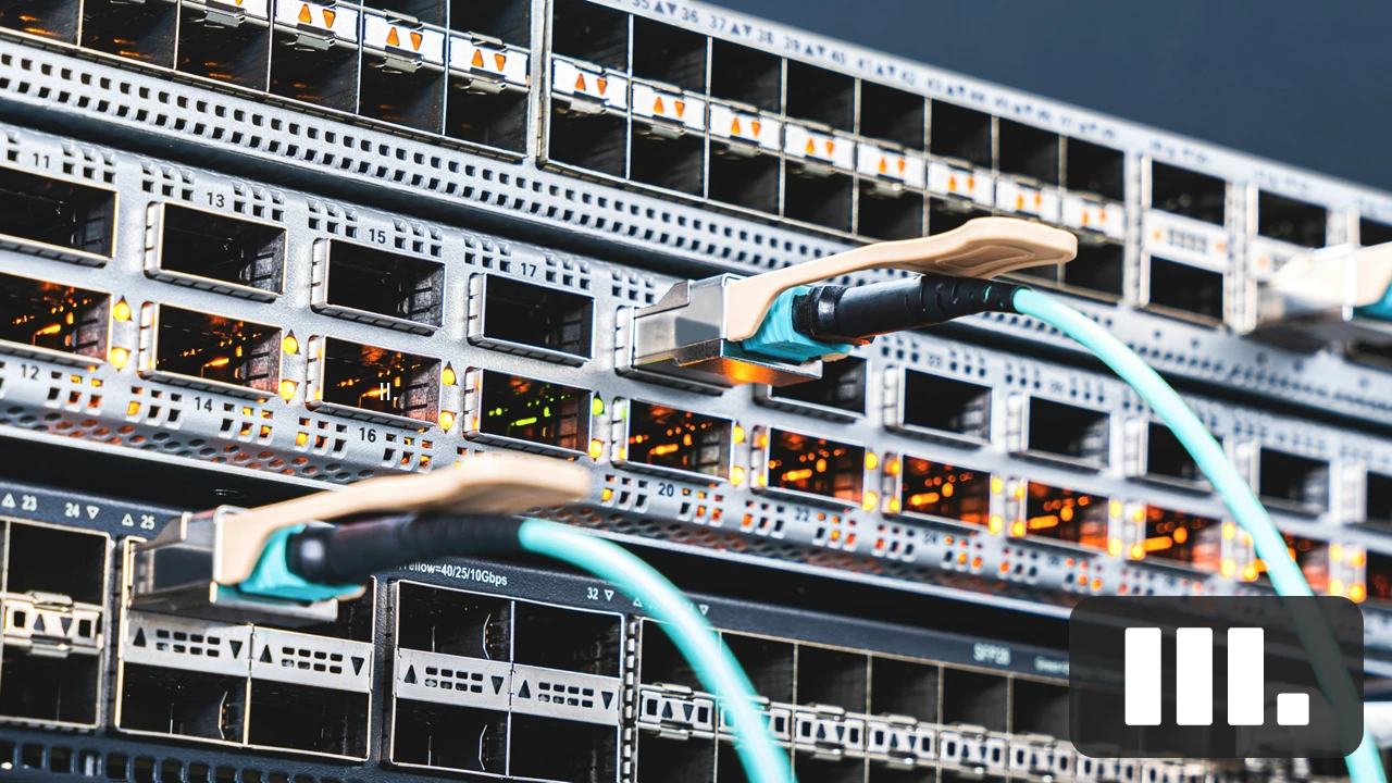 Abstract high-tech network visualization with glowing blue nodes and data connection lines.