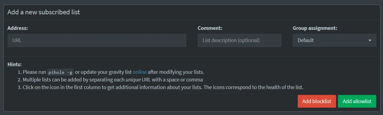 The Pi-hole Adlist management interface with a URL being entered into the address field to add a new blocklist.