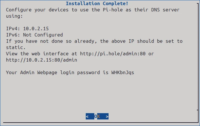Final Pi-hole installation summary screen showing the admin interface password and IP address.