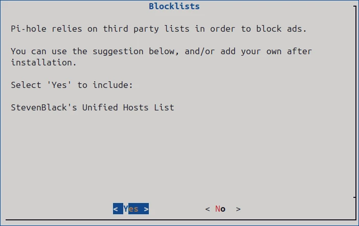 Pi-hole setup wizard screen for enabling initial block list.