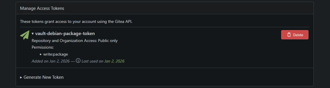 Gitea User Settings interface showing the Applications tab where a new personal access token is being generated with specific read and write permissions for the Package Registry.