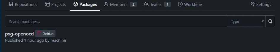 The Gitea Packages interface displaying a published Debian package for pxg-openocd.