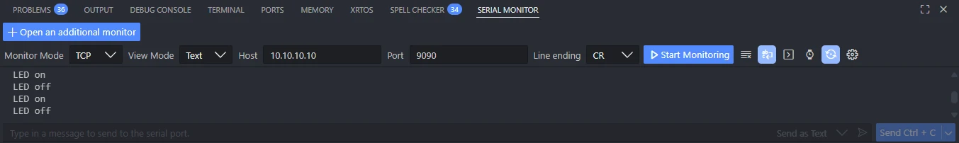 Serial Monitor view in VS Code showing LED On and Off printed from remote RTT source